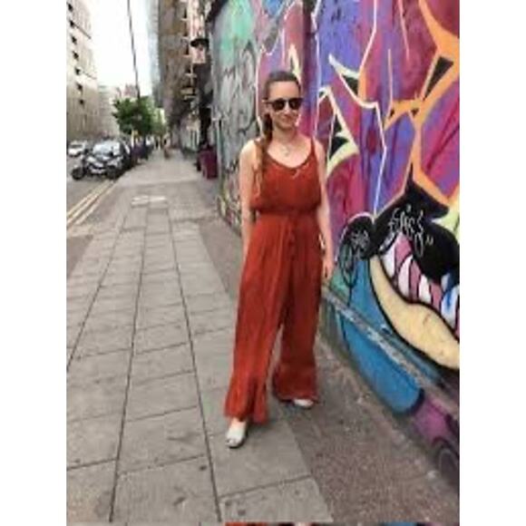 Patrons of Peace Jumpsuit Rust Brown Boho Flare Leg Cutout Hippie Granola Girl M - Picture 1 of 7